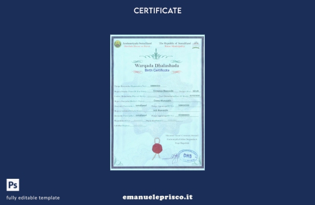 modello di certificato di nascita della Somalia in stile verificato nel modello 